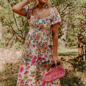 Floral Puff-Sleeve Maxi Dress in Cream with Pink & Orange Blooms
